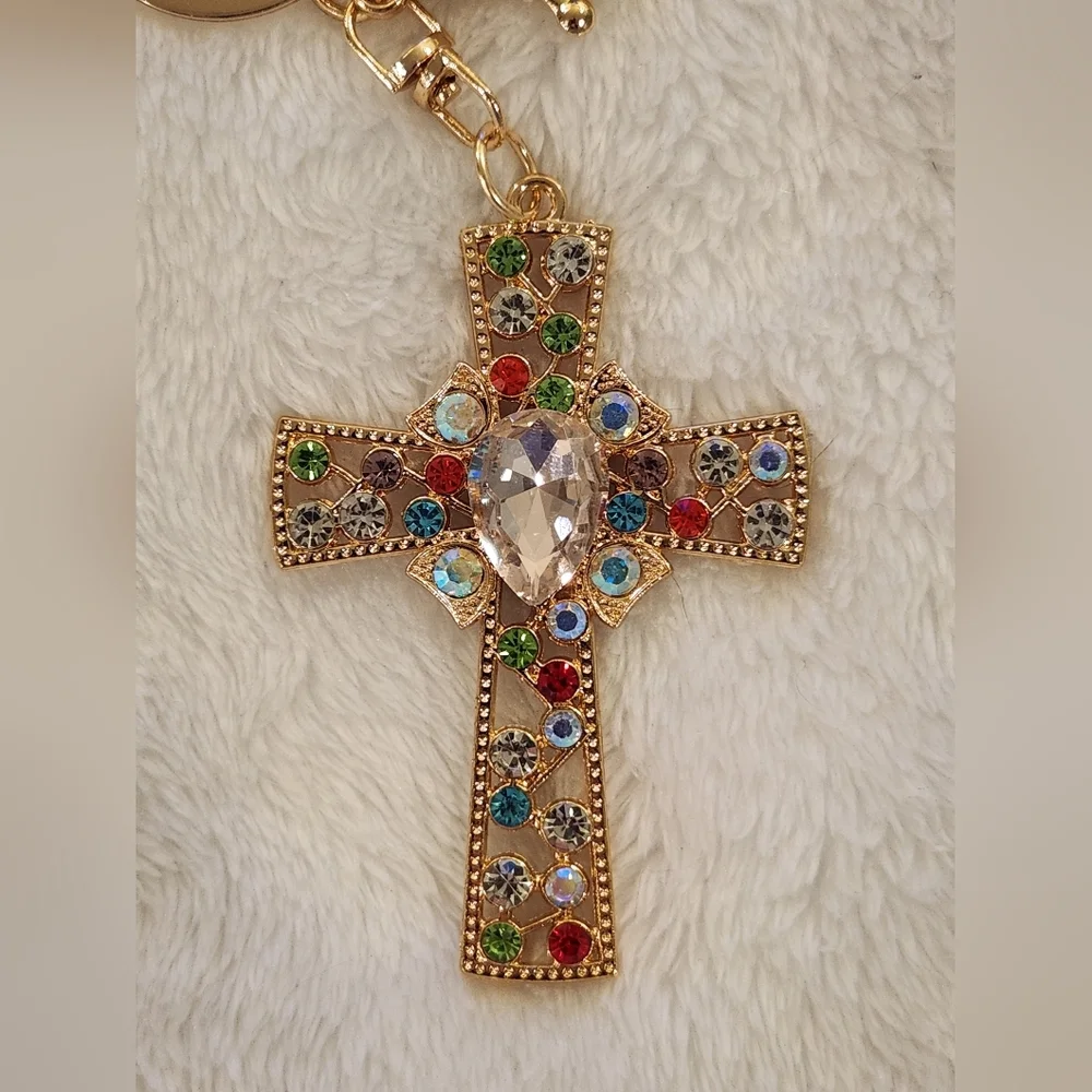 Gold Cross Keychain with Colorful Gems Bag Charm